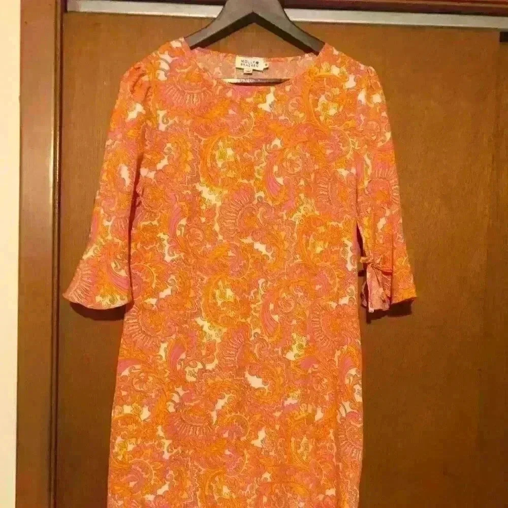 Molly Bracken Orange Pink Paisley Bell Sleeve Shift Dress R1408E20 Size M